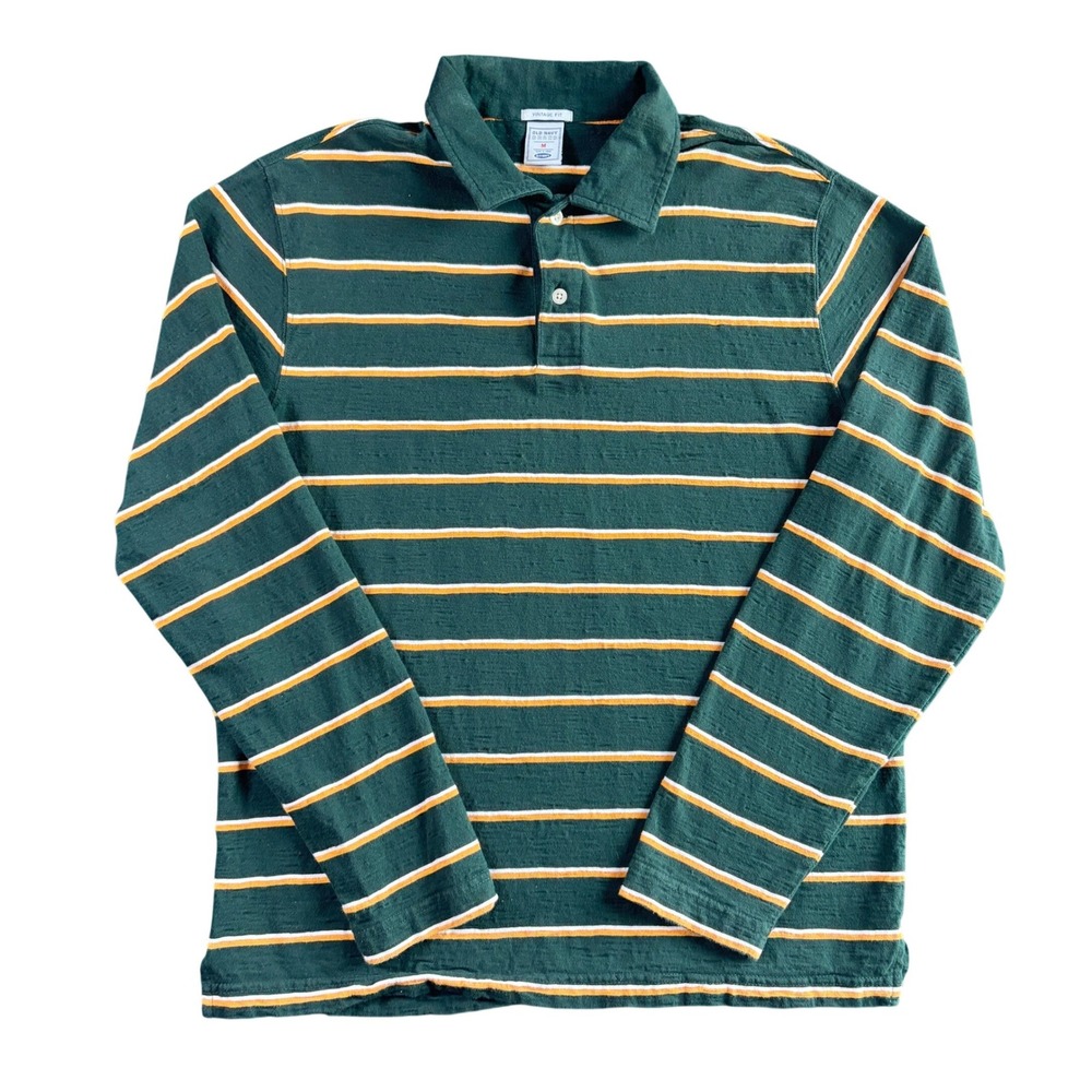 Old Navy Mens Vtg Fit Striped Long Sleeve Polo Shirt Green Yellow Fall Medium‎